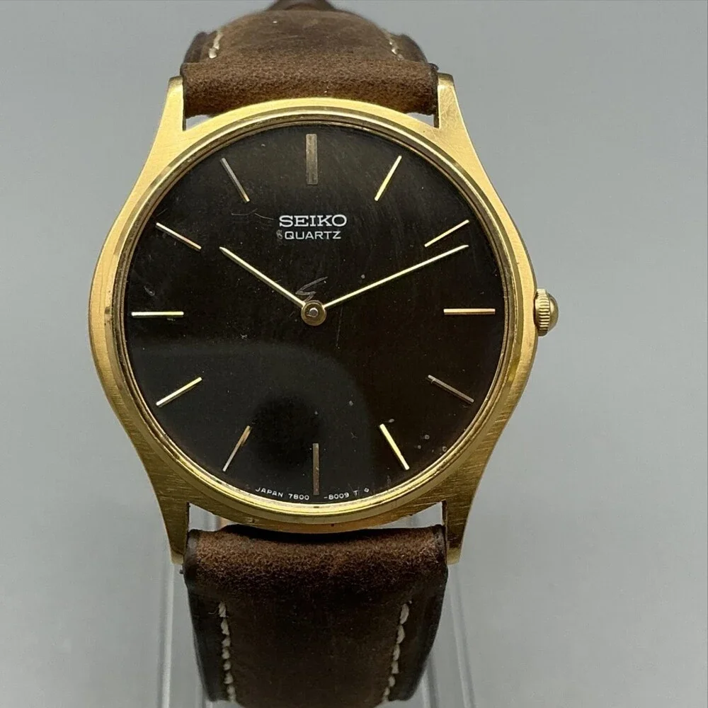 Vintage Seiko Quartz 7430-8009 Mens Watch 31mm Brown Dial Leather New Battery